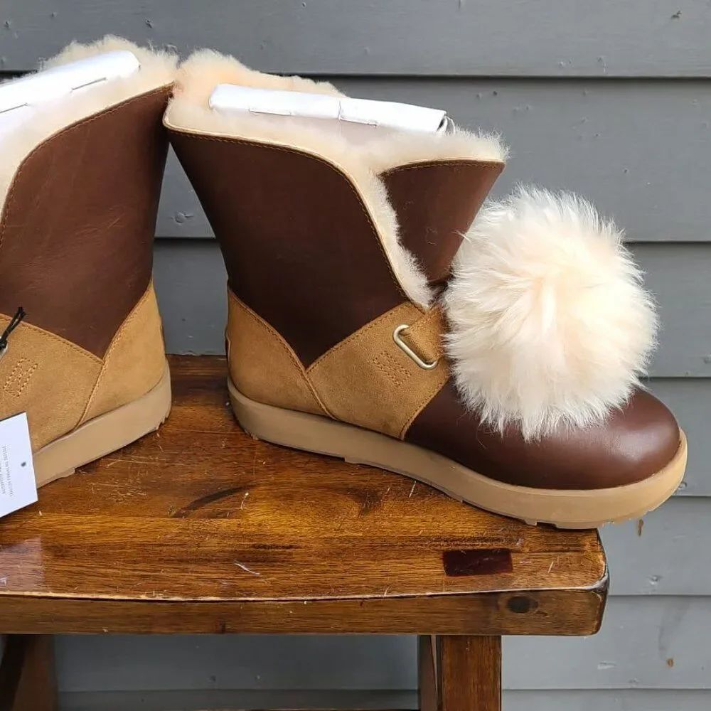 UGG Isley Brown Leather Chestnut Suede Waterproof Boots with Pom Pom size 9 1/2 - Picture 9 of 14